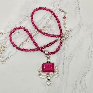 Ornate Dark Pink Agate Gemstone Set in Sterling Silver on Beaded Necklace